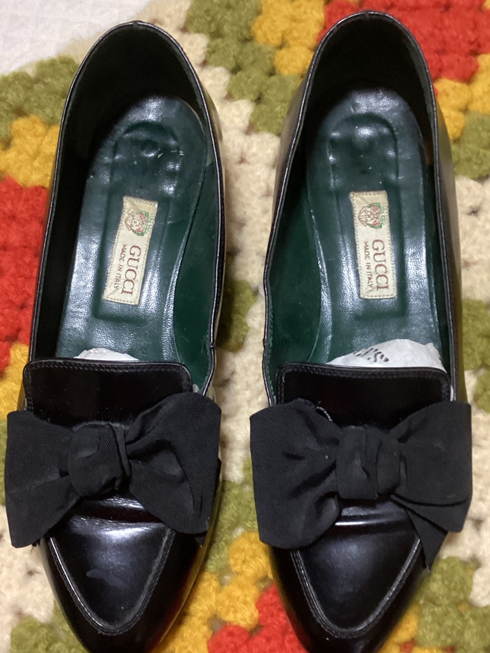 Gucci Black Leather Pointed-Toe Flats with Black Fabric Bows Size 36 1/2 B or 6